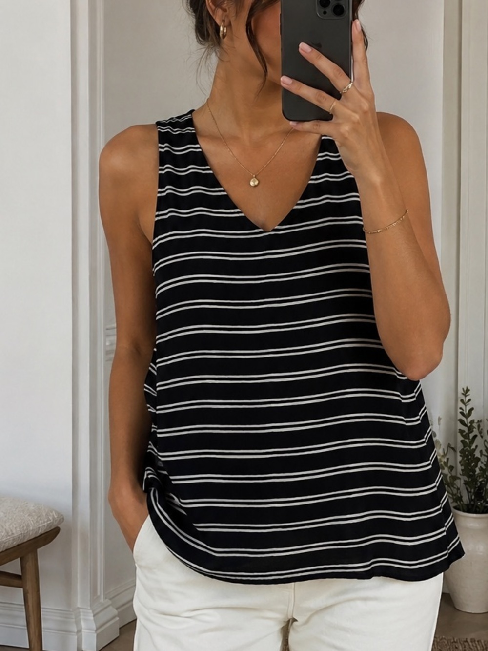 A.L.C. Black and White Silk Anise Striped V-Neck Tank